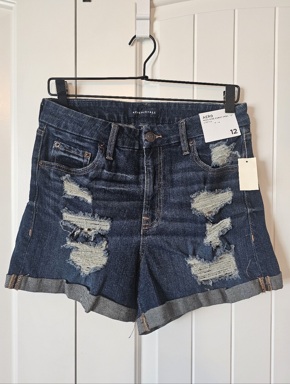 Aeropostale Dark Blue Distressed Rolled-Hem Denim Shorts